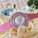 Perfect Replica Chopard Diamond Bezel Silver Dial Pink Leather Strap 35mm Women's Watch